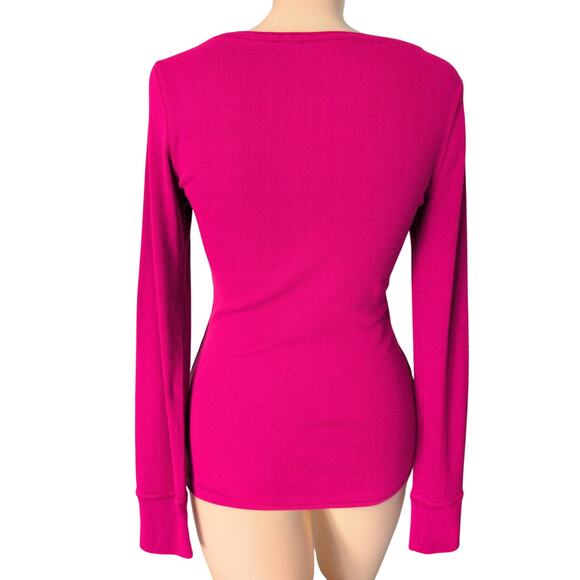 Pink Ribbed V-Neck Long Sleeve Fitted Knit Top Women Small Y2K Preppy Coquette - Picture 2 of 3